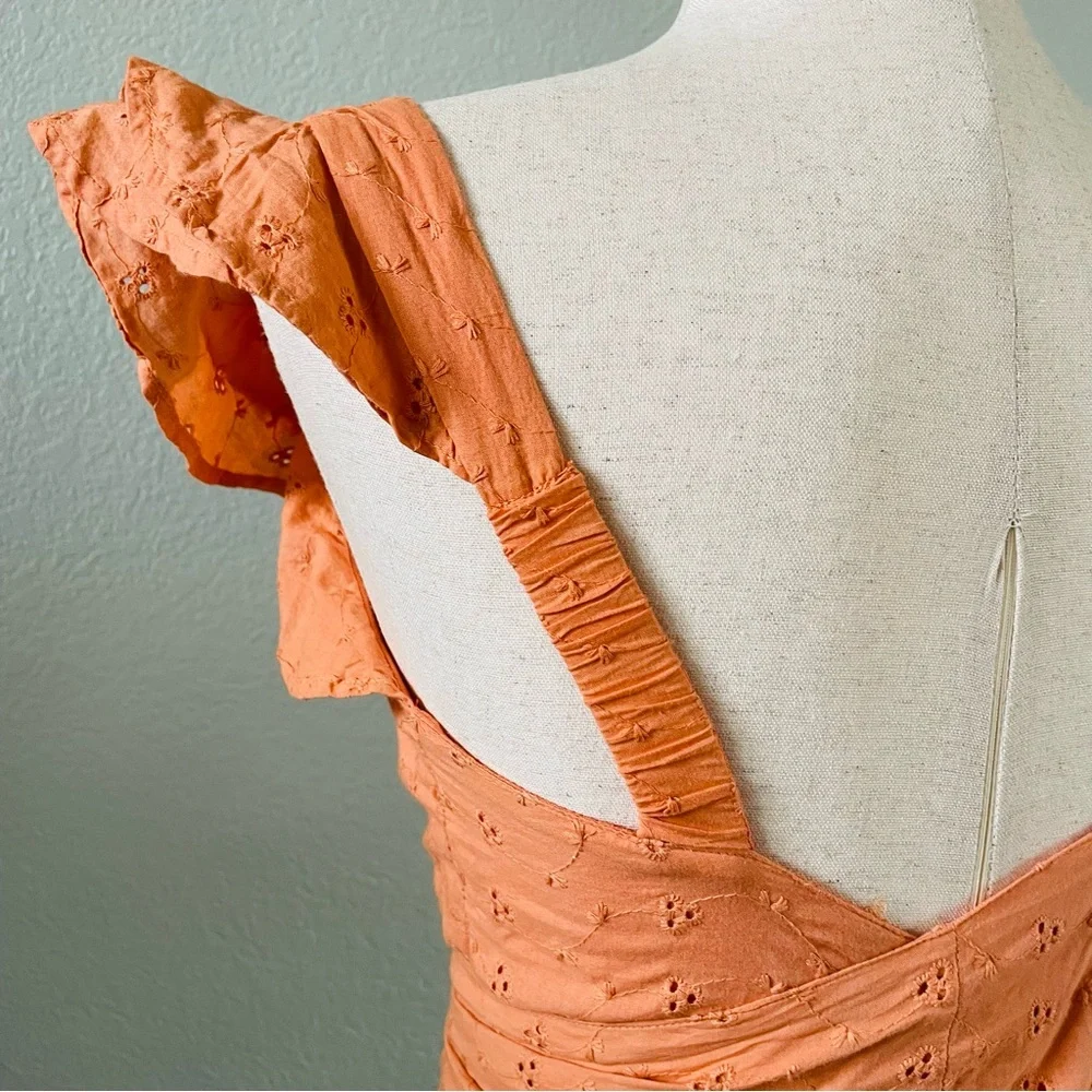 Japna Orange Eyelet Embroidered Vneck Ruffle Cap Sleeve Wrap Crop Top | Medium - Picture 4 of 7